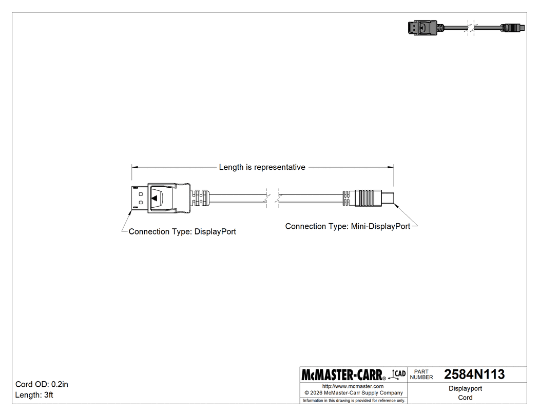 Technical Drawing of Displayport Cord, Displayport Plug x Mini-Displayport Plug, 3 Feet Length .